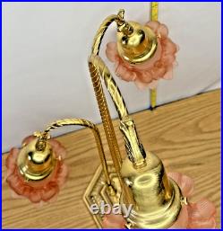 Brass 3-Stem Goose Neck Table Lamp Pink Glass Roses Nouveau Style Romance 24in