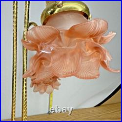 Brass 3-Stem Goose Neck Table Lamp Pink Glass Roses Nouveau Style Romance 24in