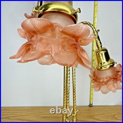 Brass 3-Stem Goose Neck Table Lamp Pink Glass Roses Nouveau Style Romance 24in