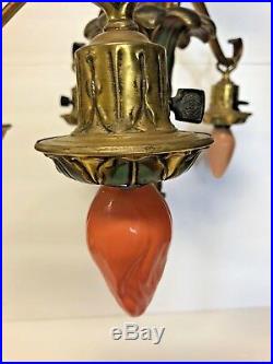 Brass 5 Arm Art Deco Chandelier Works Separate Switches Light Fixture Lamp Atq