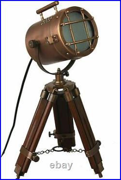 Brass Nautical Searchlight Table Lamp Spotlight Wooden Tripod Stand Vintage Gift