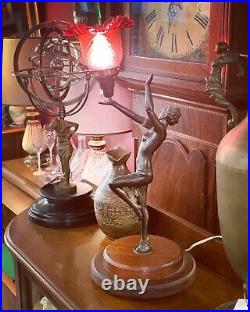 Bronze Art Deco Lady Lamp with original Ruby Glass Shade