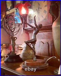 Bronze Art Deco Lady Lamp with original Ruby Glass Shade