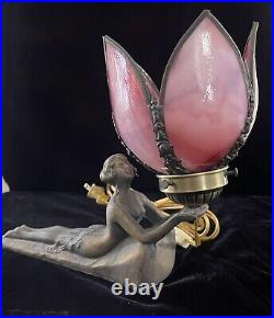 Chandler Style Art Deco Lamp Lady Nymph Laying Down Lamp Bronze Lily Shade