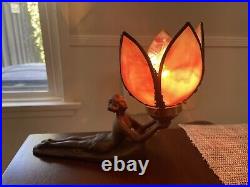 Chandler Style Art Deco Lamp Lady Nymph Laying Down Lamp Bronze Lily Shade