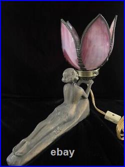 Chandler Style Art Deco Lamp Lady Nymph Laying Down Lamp Bronze Lily Shade