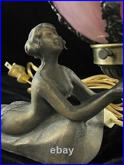 Chandler Style Art Deco Lamp Lady Nymph Laying Down Lamp Bronze Lily Shade