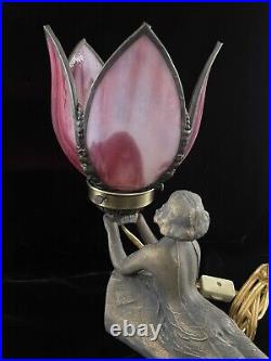 Chandler Style Art Deco Lamp Lady Nymph Laying Down Lamp Bronze Lily Shade