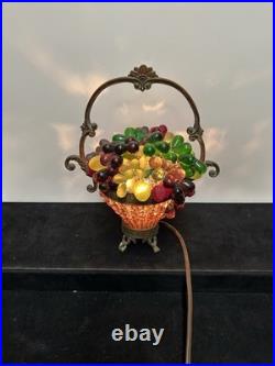 Czech Art Deco Brass and Glass Beaded Fruit Basket Illuminant Lamp