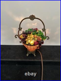 Czech Art Deco Brass and Glass Beaded Fruit Basket Illuminant Lamp