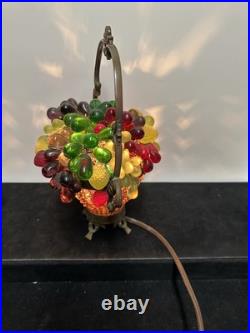 Czech Art Deco Brass and Glass Beaded Fruit Basket Illuminant Lamp