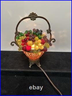 Czech Art Deco Brass and Glass Beaded Fruit Basket Illuminant Lamp