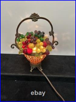 Czech Art Deco Brass and Glass Beaded Fruit Basket Illuminant Lamp
