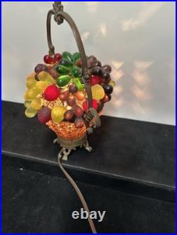 Czech Art Deco Brass and Glass Beaded Fruit Basket Illuminant Lamp
