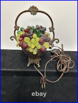 Czech Art Deco Brass and Glass Beaded Fruit Basket Illuminant Lamp