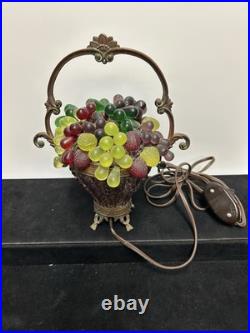 Czech Art Deco Brass and Glass Beaded Fruit Basket Illuminant Lamp