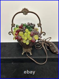 Czech Art Deco Brass and Glass Beaded Fruit Basket Illuminant Lamp