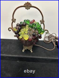 Czech Art Deco Brass and Glass Beaded Fruit Basket Illuminant Lamp