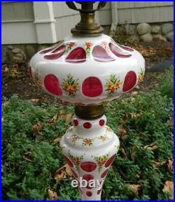 Czech Bohemian Moser Lamps 36 White Cut to Cranberry Enameled Glass Handpainted