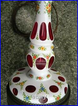 Czech Bohemian Moser Lamps 36 White Cut to Cranberry Enameled Glass Handpainted