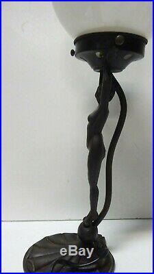 Diana Naked Lady Art Deco Design Cast Metal Statue Lamp Glass Lightshade