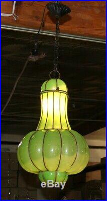 European Wrought Iron Ceiling Lamp& Hand Blown Art Glass Shade Romania