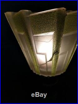 Excellent PAIR Houzex Jadite 1920s Art Deco Skyscraper Lamps + DECO ART SHADES