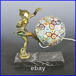 Exceptional Art Deco Pixie Dancer Lamp Millefiori Globe Vintage, Excellent