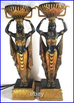 Exceptional Pr Female Egyptian Blackamoor 22 Sculptural Lamps, Franklin Mint