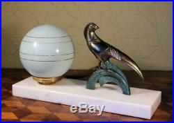 FAB Vintage French Art Deco Marble Table Lamp Light Spelter Bird & Gilded Shade