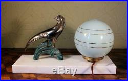 FAB Vintage French Art Deco Marble Table Lamp Light Spelter Bird & Gilded Shade