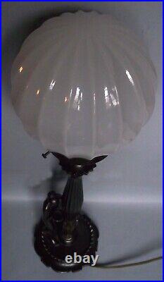 FRENCH ART DECO NUDE GEISHA FIGURAL TABLE LAMP w UMBRELLA GLOBE SHADE C. 1930