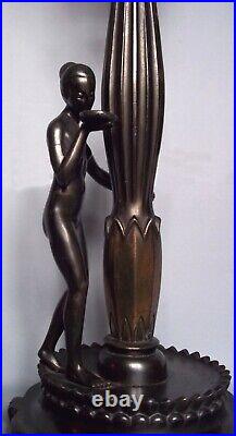 FRENCH ART DECO NUDE GEISHA FIGURAL TABLE LAMP w UMBRELLA GLOBE SHADE C. 1930