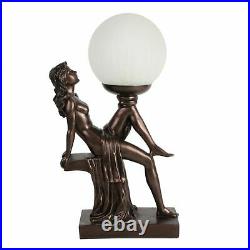 Fabulous Art Deco Bronze Lady Holding Crackle Ball Globe Table Lamp