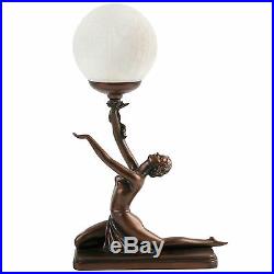 Fabulous Art Deco Bronze Lady Kneeling Holding Crackle Ball Globe Table Lamp