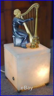Fabulous Rare Art Deco Square Marble Lamp Night Light With Woman Playing Harp