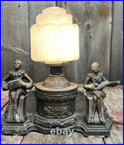 Fantastic Art Deco 1930's Mantle Harlequin Musicians Radio Top Ornate Light Lamp