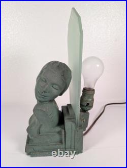 Figural Bust Flapper TV Lamp Antique Art Deco Cast Metal & Glass Vtg Rare