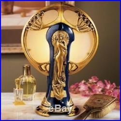 Figural Lamp Deco Art Nouveau Glass Shade Gold Lady Figure Statue Table Top Desk