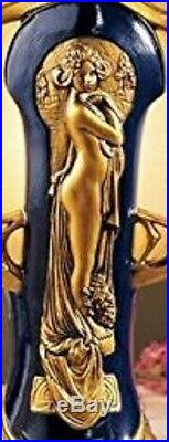 Figural Lamp Deco Art Nouveau Glass Shade Gold Lady Figure Statue Table Top Desk