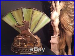 Fine Antique French Art Deco Gilt Bronze Novelty Lamp Lion &green Slag Glass1920