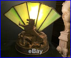 Fine Antique French Art Deco Gilt Bronze Novelty Lamp Lion &green Slag Glass1920
