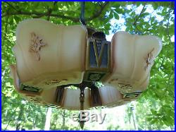 Fine Art Deco Bronze Markel Elect Prod 1930's Slip Shade Chandelier Lamp Fixture