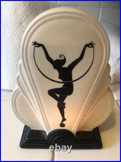 Fitz and Floyd Porcelain White ART DECO LAMP WITH WOMAN WORKS 1980 RARE 8x6x3
