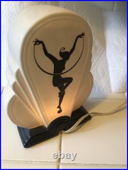 Fitz and Floyd Porcelain White ART DECO LAMP WITH WOMAN WORKS 1980 RARE 8x6x3