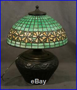 Floral Art Deco Antique Table Lamp Leaded Glass with Brass Base Tiffany Style
