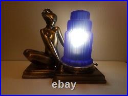 Frankart Art Deco Fish Face Nymph Lady Table Lamp with Cobalt Blue Waterfall Shade