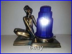 Frankart Art Deco Fish Face Nymph Lady Table Lamp with Cobalt Blue Waterfall Shade