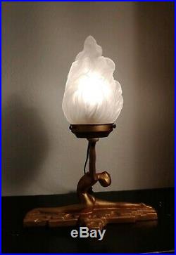 Frankart Art Deco Golden Split Girl Lamp With French Flame Glass Shade