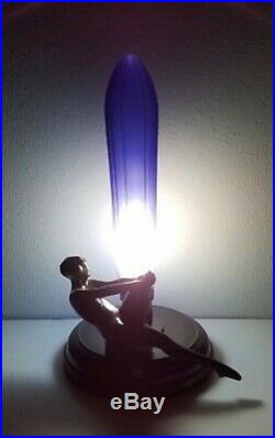 Frankart Art Deco Style Nymph Figural Lamp with Cobalt Tower / Blimp Shade